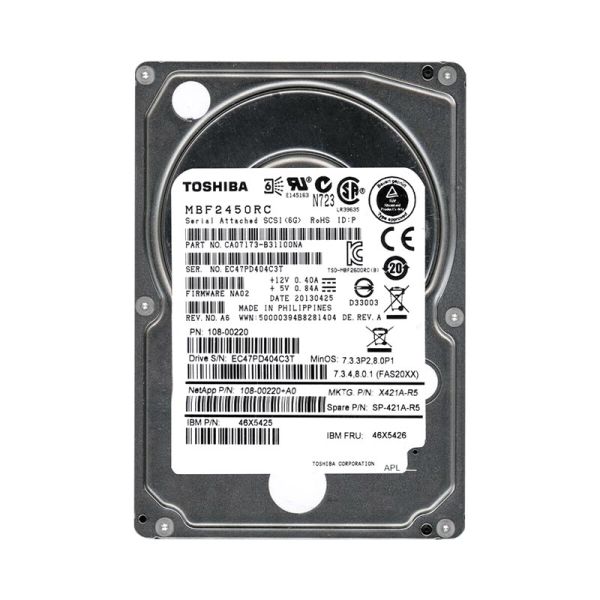 108-00220+A0 NetApp 450GB 10000RPM SAS 6Gb/s 2.5-inch Hard Drive