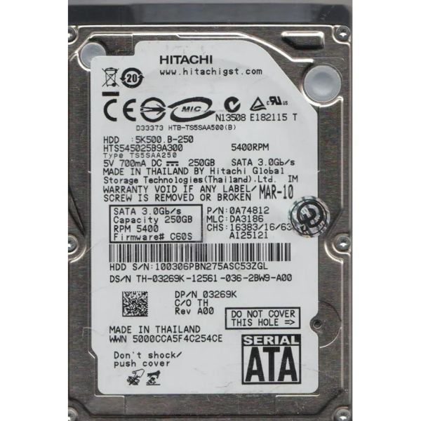0A74812 Hitachi Travelstar 5K500.B 250GB 5400RPM SATA 3Gb/s 8MB Cache 2.5-inch Hard Drive