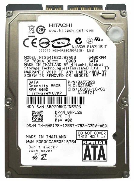 0A55028 Hitachi Travelstar 5K160 80GB 5400RPM SATA 1.5Gb/s 8MB Cache 2.5-inch Hard Drive