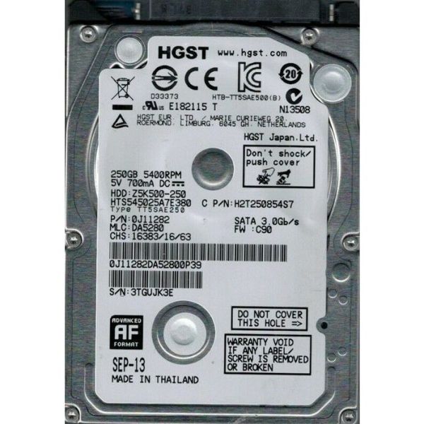 0J11282 Hitachi Travelstar Z5K500 250GB 5400RPM SATA 3Gb/s 8MB Cache 2.5-inch Hard Drive