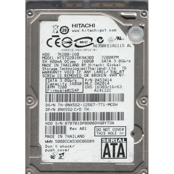 0A53414 Hitachi Travelstar 7K200 160GB 7200RPM SATA 3Gb/s 16MB Cache 2.5-inch Hard Drive