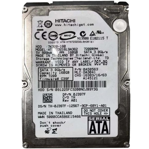 0A58563 Hitachi Travelstar 7K320 160GB 7200RPM SATA 3Gb/s 16MB Cache 2.5-inch Hard Drive