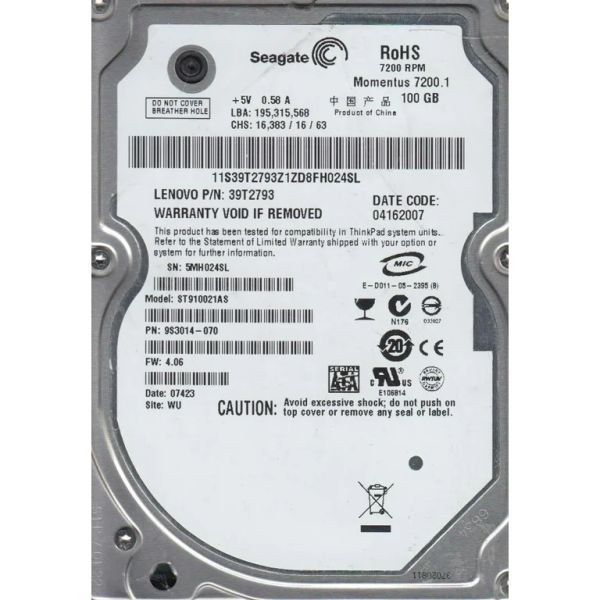 ST910021AS Seagate Momentus 100GB 7200RPM SERIAL ATA-150 SATA 2.5-inch 8MB Cache Hard Drive