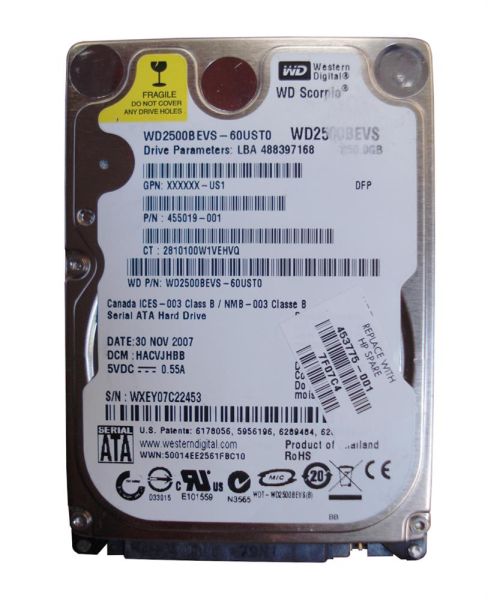 455019-001 HP 250GB 5400RPM SATA 1.5GB/s 8MB Cache 9.5mm 2.5-inch Hard Drive
