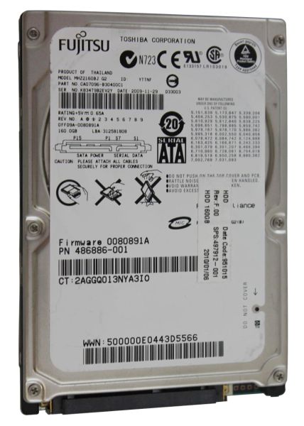 486886-001 HP 160GB 7200RPM SATA 3GB/s 2.5-inch Hard Drive