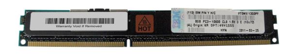 49Y1555 IBM 8GB DDR3-1333MHz PC3-10600 ECC Registered CL9 240-Pin DIMM 1.35V Low Voltage Dual Rank Very Low Profile (VLP) Memory Module