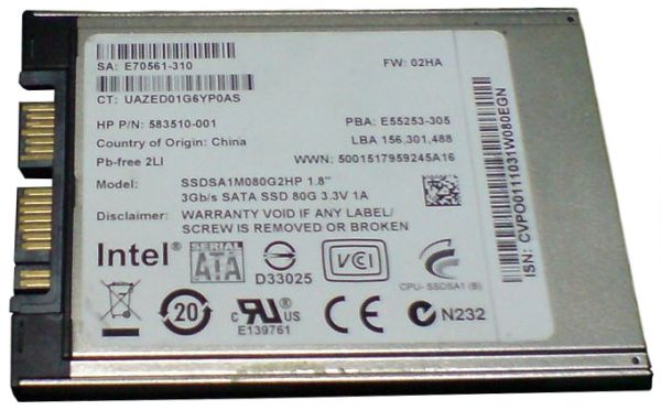583510-001 HP 80GB Multi-Level Cell SATA 3GB/s 1.8-inch Solid State Drive