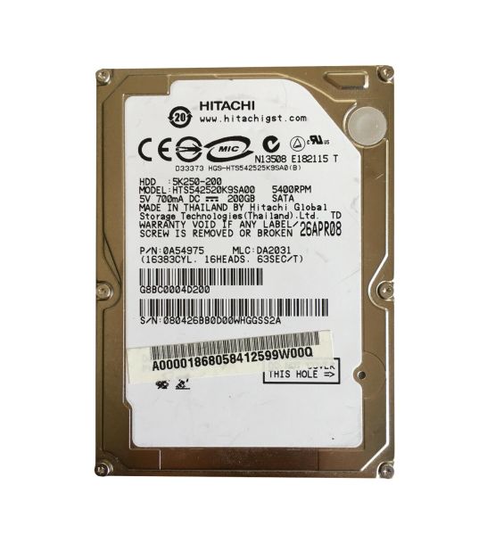 5K250-200 Hitachi Travelstar 5K250 200GB 8MB Cache 5400RPM SATA 1.5GB/s 2.5-inch Hard Disk Drive