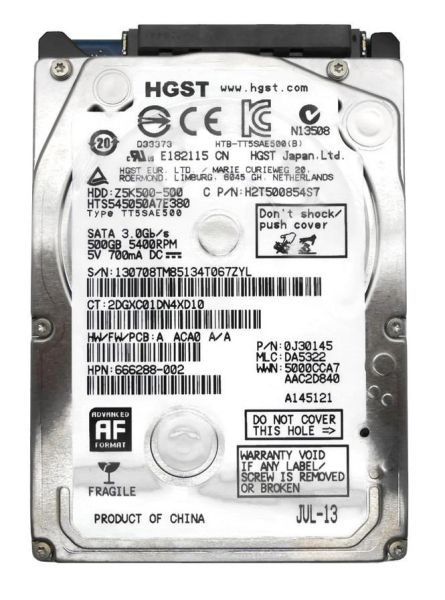 666288-002 HP 500GB 54000RPM SATA 3GB/s 8MB Cache 2.5-inch Hard Drive