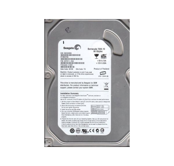 9CY011-504 Seagate BarraCuda 7200.1 80GB 7200RPM ATA-100 2MB Cache 3.5-inch Hard Drive