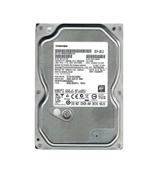 9F13178 Toshiba 500GB 7200RPM SATA 6GB/s 32MB Cache 3.5-inch Hard Disk Drive