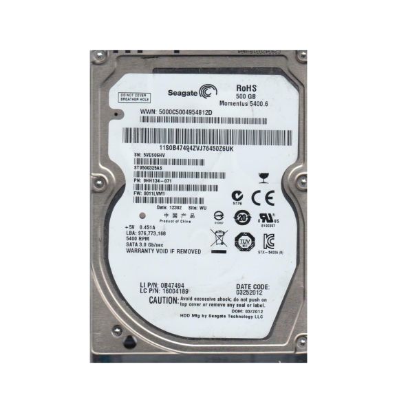 9HH134-071 Seagate Momentus 5400.6 500GB 5400RPM SATA 3Gb/s 8MB Cache 2.5-inch Hard Drive