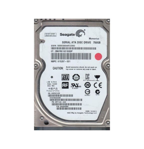 9RT14G-020 Seagate Momentus 750GB 7200RPM SATA 3Gb/s 16MB Cache 2.5-inch Hard Drive