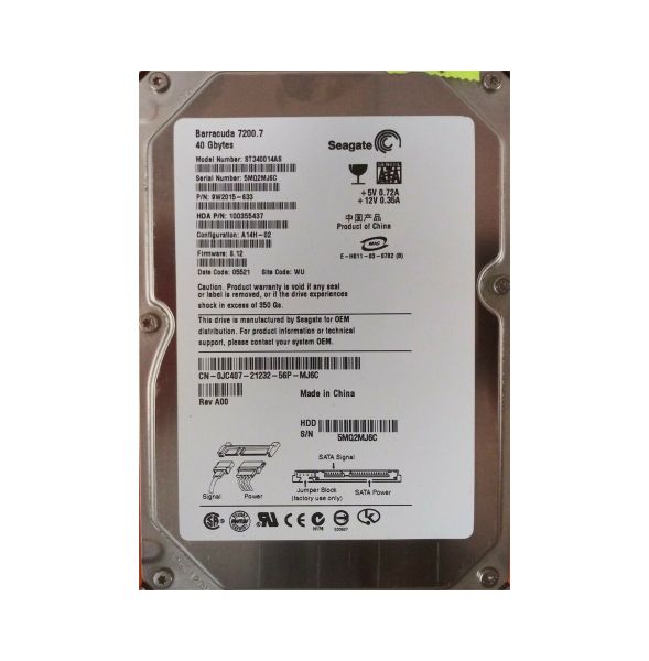 9W2015-633 Seagate 40GB 7200RPM SATA 1.5Gb/s 2MB Cache 3.5-inch Hard Drive