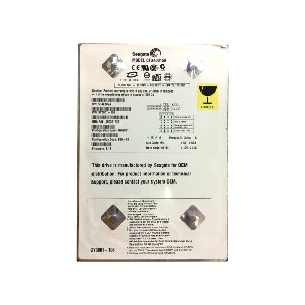 9Y3001-106 Seagate BarraCuda 5400.1 40GB 5400RPM ATA-100 2MB Cache 3.5-inch Hard Drive