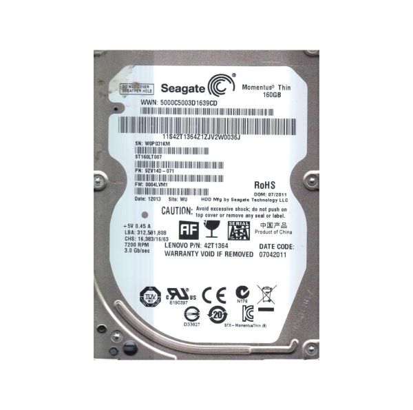 9ZV14D-071 Seagate 160GB 7200RPM SATA 3Gb/s 16MB Cache 2.5-inch Hard Drive