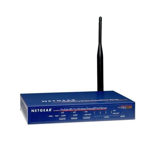 FWG114Pv1 Netgear ProSafe FWG114P v1 4 x Ports 10/100Base-T LAN + 1 x Port RJ-45 WAN 54Mb/s 802.11g 2.4GHz Wireless VPN Firewall with USB Server