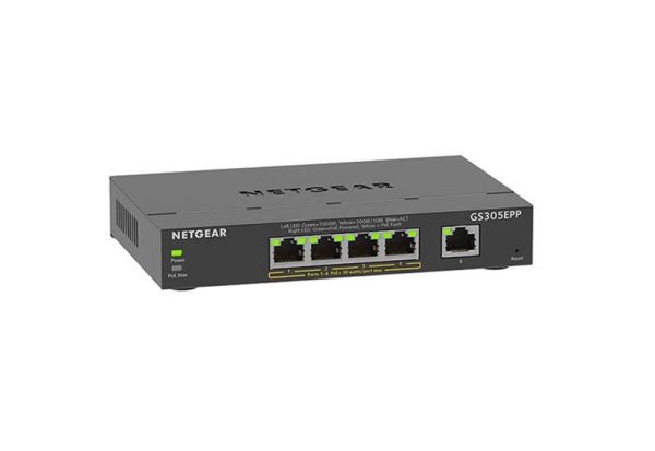 GS305EPP Netgear 4 x Ports PoE+ 10/100/1000Base-T + 1 x Ports 10/100/1000Base-T Layer 3 Managed Desktop Gigabit Ethernet Network Switch