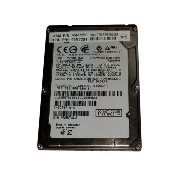 H2T1601672S Hitachi Travelstar 7K500 160GB 16MB Cache 7200RPM SATA 3GB/s 2.5-inch Hard Disk Drive