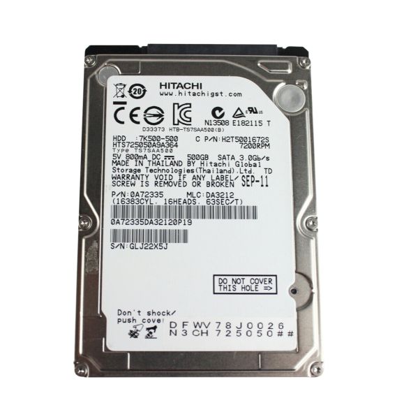 H2T5001672S Hitachi Travelstar 7K750 500GB 16MB Cache 7200RPM SATA 3GB/s 2.5-inch Hard Disk Drive