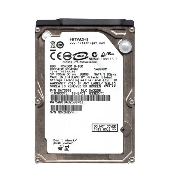 HCC545016B9A300 Hitachi CinemaStar C5K500 160GB 5400RPM SATA 3Gb/s 8MB Cache 2.5-inch Hard Drive