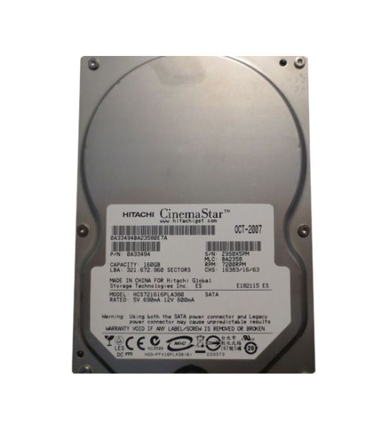 HCS721616PLA380 Hitachi CinemaStar 7K160 160GB 7200RPM SATA 3Gb/s 8MB Cache 3.5-inch Hard Drive