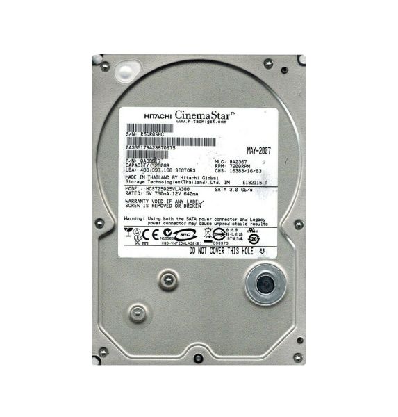 HCS725025VLA380 Hitachi CinemaStar 7K500 250GB 7200RPM SATA 3Gb/s 8MB Cache 3.5-inch Hard Drive