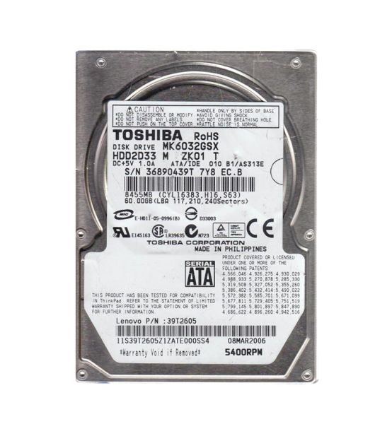 HDD2D33C Toshiba 60GB 5400RPM SATA 1.5GB/s 8MB Cache 9MM 2.5-inch Laptop Hard Drive