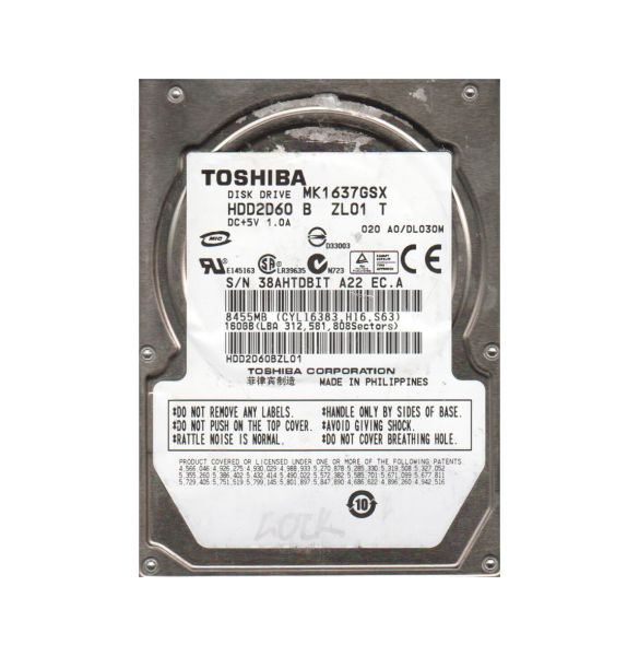 HDD2D60B Toshiba 160GB 5400RPM SATA (SATA-II) 3GB/s 8MB Cache 9.5mm 2.5-inch Hard Disk Drive