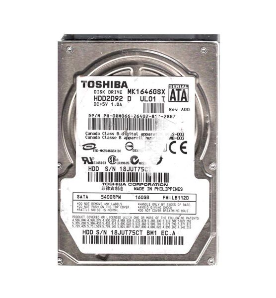HDD2D92D Toshiba 160GB 5400RPM SATA 300Mb/s 8MB Cache 9.5mm 2.5-inch Laptop Hard Drive