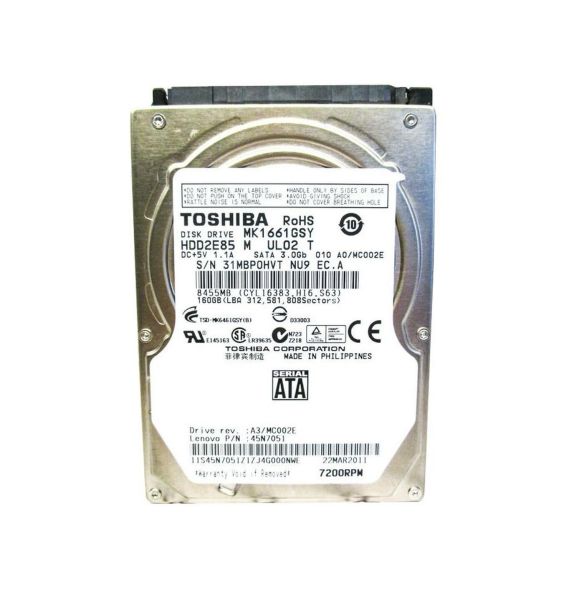 HDD2E85 Toshiba 250GB 16MB Cache 7200RPM SATA 3GB/s 2.5-inch Hard Disk Drive