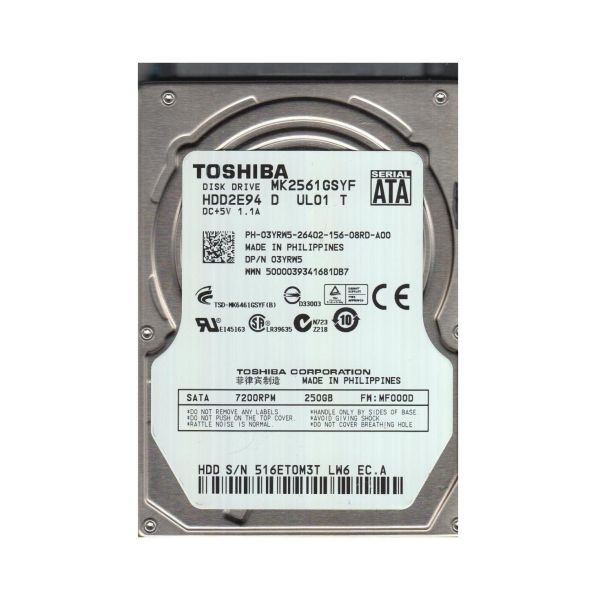 HDD2E94 Toshiba 160GB 16MB Cache 7200RPM SATA 3GB/s 2.5-inch Hard Disk Drive
