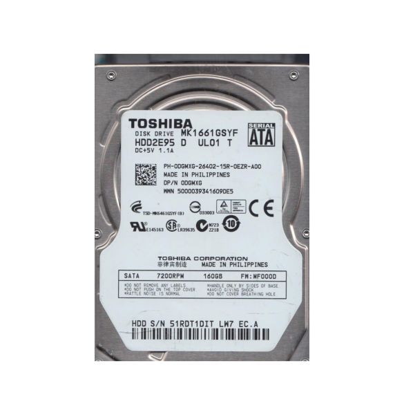 HDD2E95D Toshiba 160GB 16MB Cache 7200RPM SATA 3GB/s 2.5-inch Hard Disk Drive
