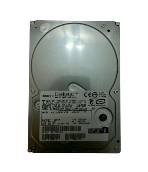 HDS722525DLAT80 Hitachi Deskstar 7K250 250GB 7200RPM IDE Ultra ATA/100 (ATA-6) 8MB Cache 3.5-inch Hard Drive