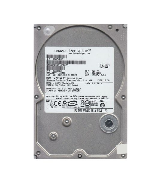 HDT725040VLA380 Hitachi Deskstar T7K500 400GB 7200RPM SATA 3Gb/s 8MB Cache 3.5-inch Hard Drive