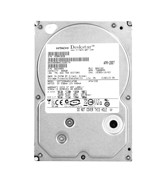 HDT725040VLAT80 Hitachi Deskstar T7K500 400GB 7200RPM ATA-133 8MB Cache 3.5-inch Hard Drive