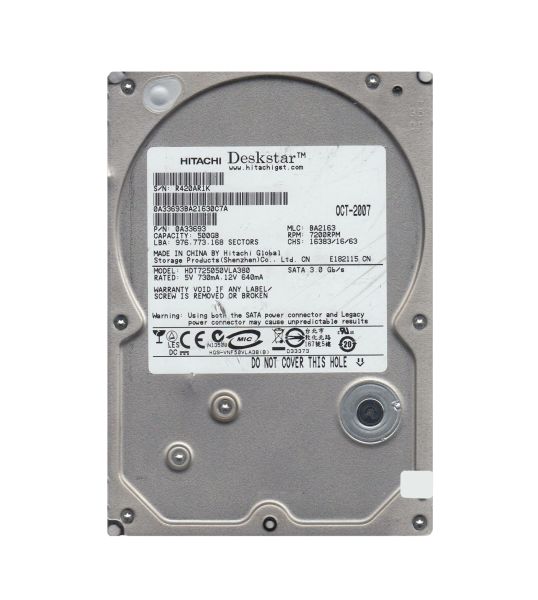 HDT725050VLA380 Hitachi Deskstar T7K500 500GB 7200RPM SATA 3Gb/s 8MB Cache 3.5-inch Hard Drive
