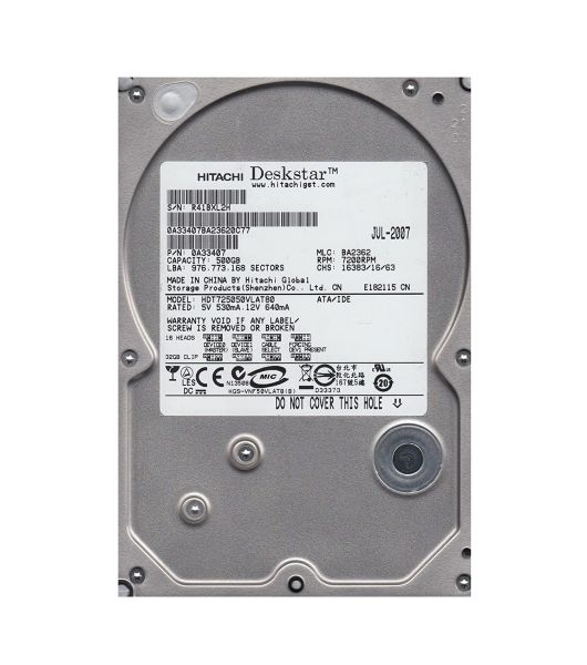 HDT725050VLAT80 Hitachi Deskstar T7K500 500GB 7200RPM ATA-133 8MB Cache 3.5-inch Hard Drive