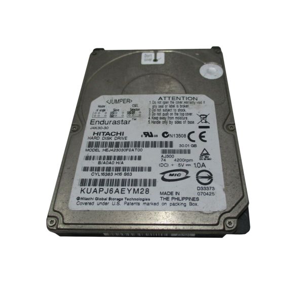 HEJ423030F9AT00 Hitachi Endurastar J4K30 30GB 4200RPM IDE Ultra ATA/100 (ATA-6) 8MB Cache 2.5-inch Hard Drive