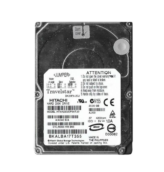 HTA422020F9ATJ0 Hitachi Endurastar J4K20 20GB 4200RPM IDE Ultra ATA/100 (ATA-6) 8MB Cache 2.5-inch Hard Drive