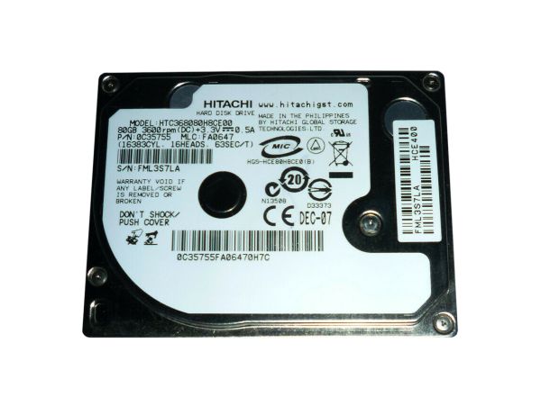 HTC368080H8CE00 Hitachi Travelstar C3K80 80GB 3600RPM ATA-33 128KB Cache 1.8-inch Hard Disk Drive