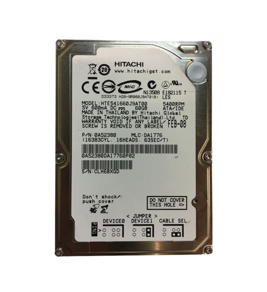 HTE541660J9AT00 Hitachi Travelstar E5K160 60GB 5400RPM ATA-133 8MB Cache 2.5-inch Hard Disk Drive