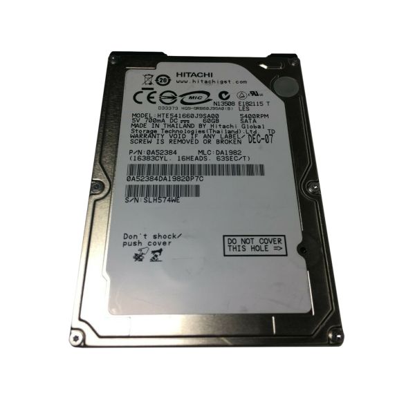 HTE541660J9SA00 Hitachi Travelstar E5K160 60GB 5400RPM SATA 1.5GB/s 8MB Cache 2.5-inch Hard Disk Drive