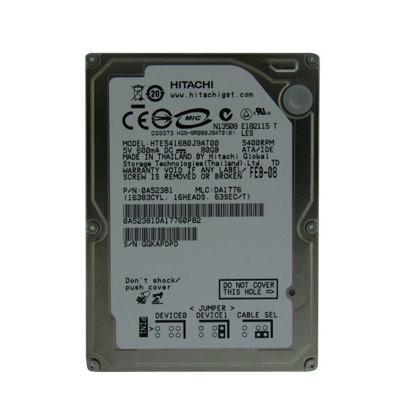 HTE541680J9AT00 Hitachi Travelstar E5K160 80GB 5400RPM ATA-133 8MB Cache 2.5-inch Hard Disk Drive