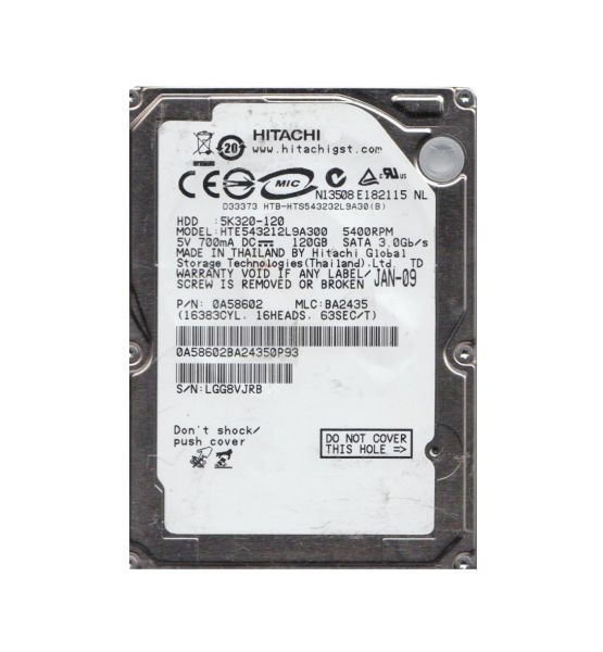 HTE543212L9A300 Hitachi Travelstar 5K320 120GB 5400RPM SATA 3GB/s 8MB Cache 2.5-inch Hard Disk Drive