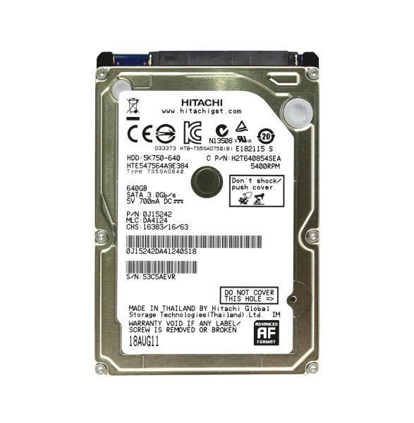HTE547564A9E384 Hitachi Travelstar 5K750 640GB 5400RPM SATA 3GB/s 8MB Cache 2.5-inch Hard Disk Drive
