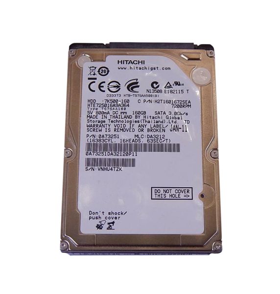 HTE725016A9A364 Hitachi Travelstar 7K500 160GB 7200RPM SATA 3GB/s 16MB Cache 2.5-inch Hard Disk Drive