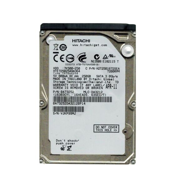 HTE725025A9A364 Hitachi Travelstar 7K500 250GB 7200RPM SATA 3GB/s 16MB Cache 2.5-inch Hard Disk Drive