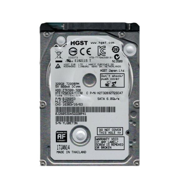 HTE725032A7E630 Hitachi Travelstar Z7K500 320GB 7200RPM SATA 6GB/s 32MB Cache 2.5-inch Hard Disk Drive