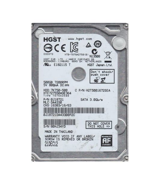HTE727550A9E364 Hitachi Travelstar 7K750 500GB 7200RPM SATA 3GB/s 16MB Cache 2.5-inch Hard Disk Drive